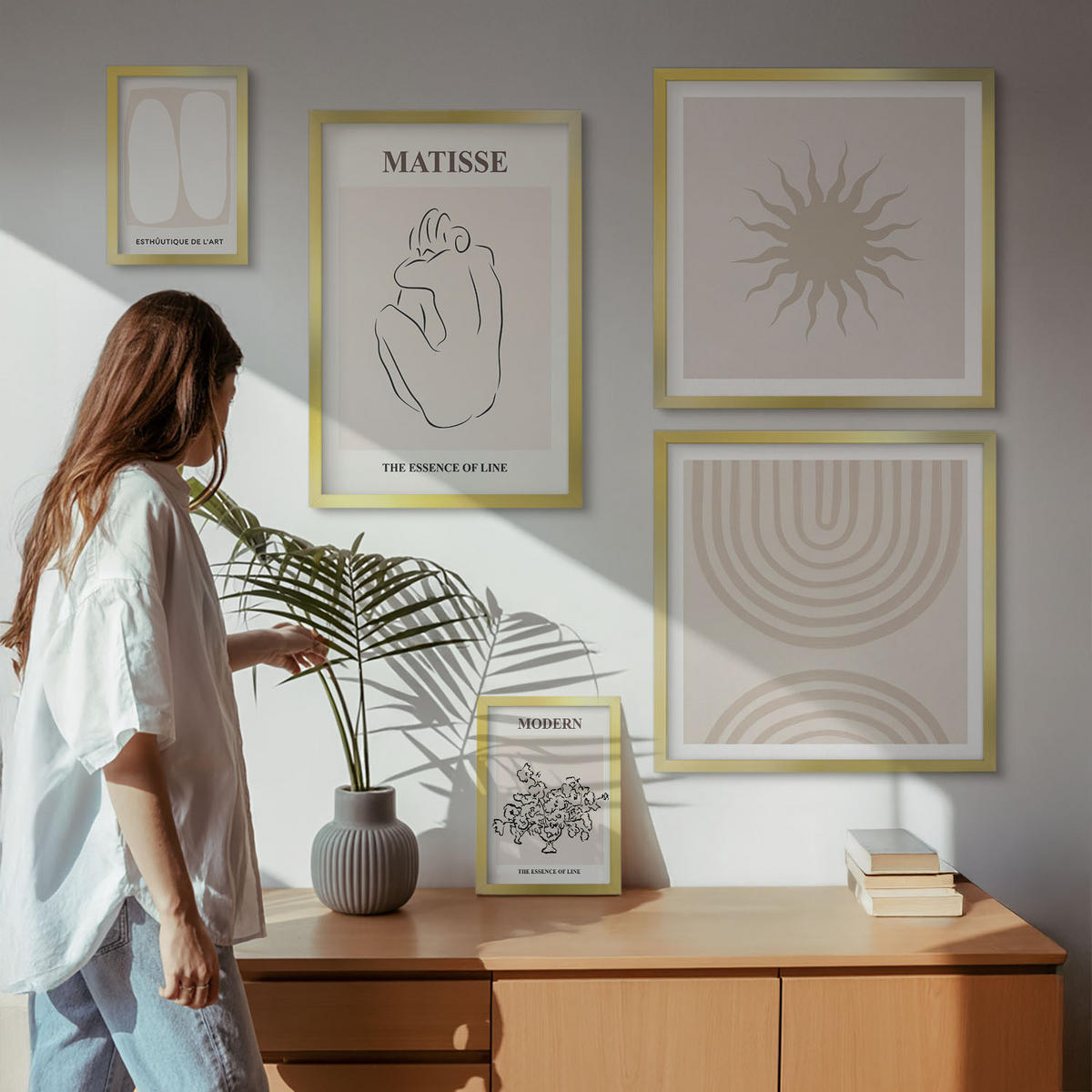 BILDER SET 5er Set - 50x50 cm & 20x30 cm & 40x60 cm Goldrahmen - Stilvolle minimalistische Linien - Goldfarben, Kunststoff (40/60cm) - TULUP