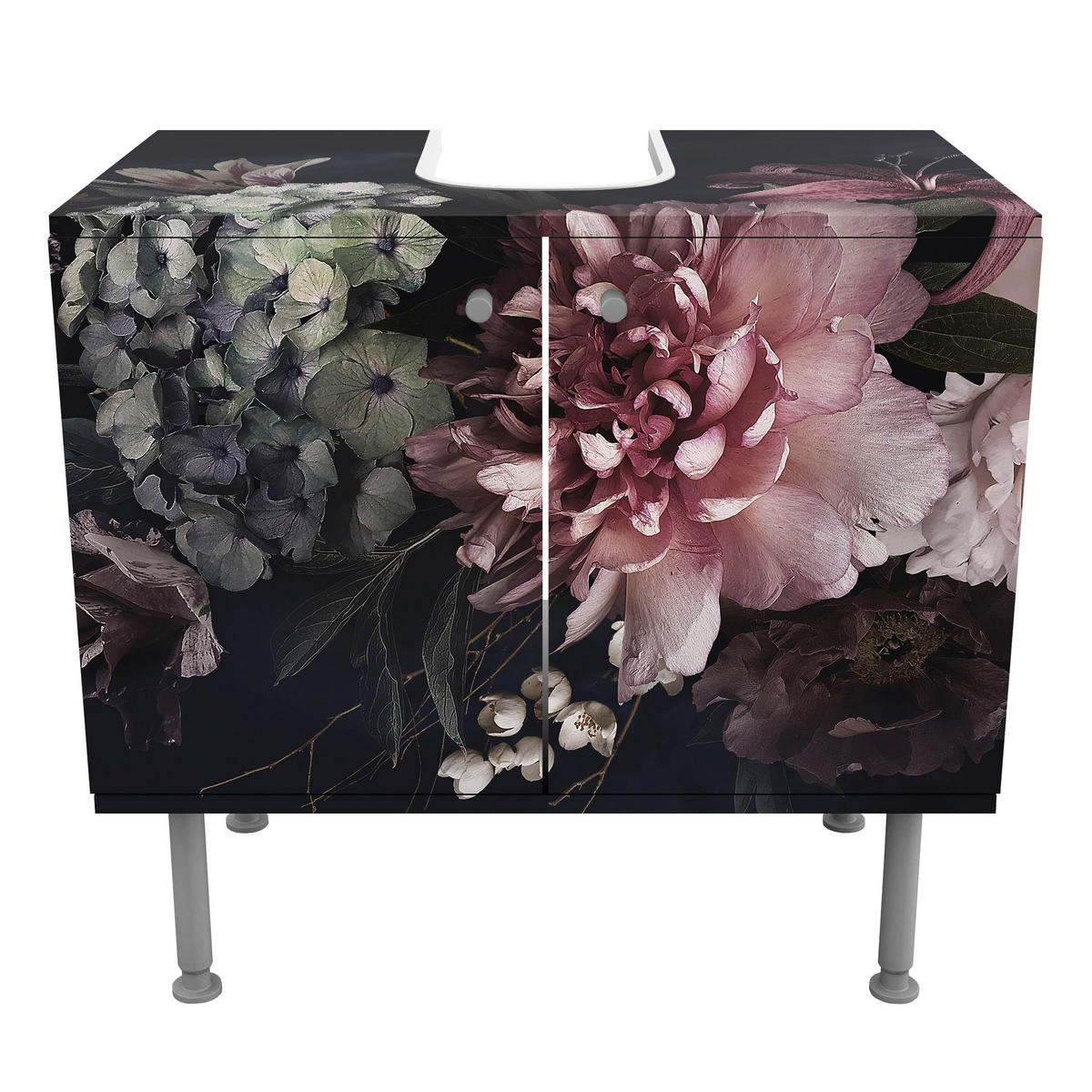 WASCHBECKENUNTERSCHRANK Blumen mit Nebel auf Schwarz 60/55/35 cm - Schwarz, Holzwerkstoff (60/55/35cm) - Bilderwelten