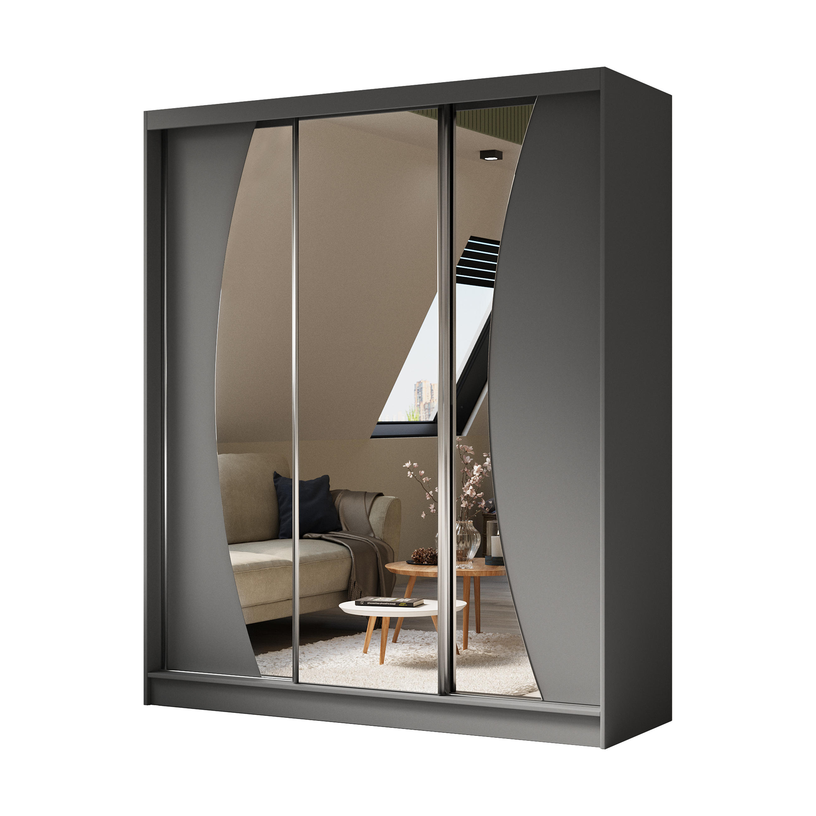 ALTDECOR ŠATNÍ SKŘÍŇ s zrcadlovými posuvnými dveřmi a hliníkovými lamelami, LED osvětlení (- VOXI - 180 cm šedá