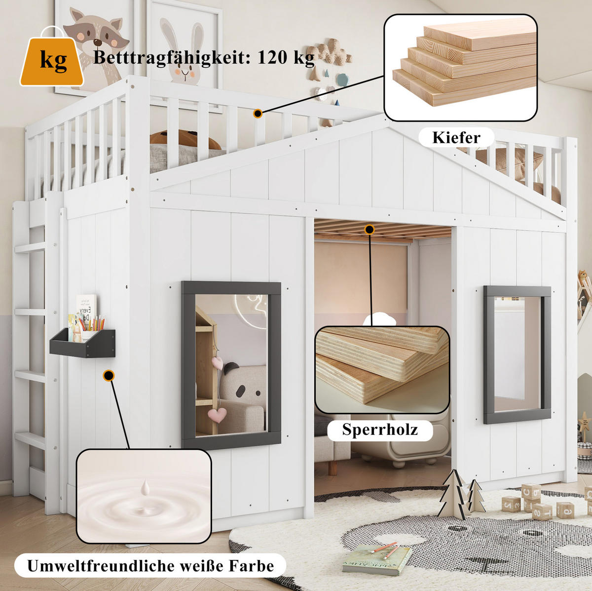 ETAGENBETT 90/200 cm in Weiß mit Treppe und Fenstern - Weiß, Holzwerkstoff (90/200cm) - OKMYHOME