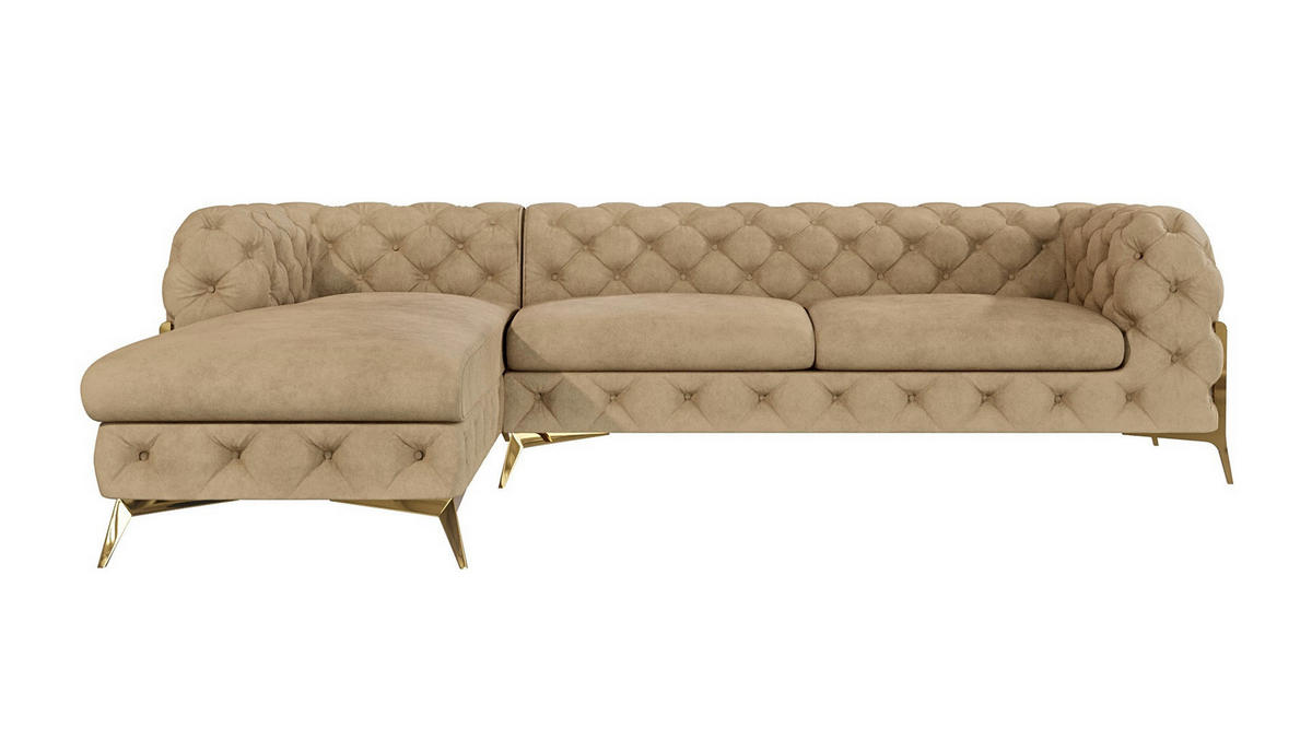 ECKSOFA Chesterfield Lexi Beige Samt, Ottomane links - Beige/Goldfarben, Holz/Textil (305/200cm) - S-Style Möbel