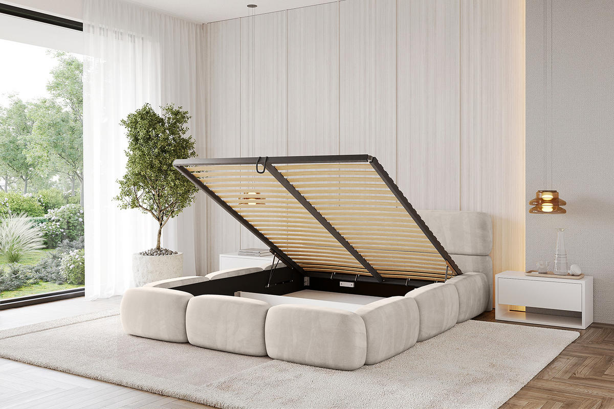 POLSTERBETT mit Bettkasten und Lattenrost, Boxbett ohne Matratze - ELVA-v1 200x200 Beige - Beige, Holzwerkstoff/Textil (200/200cm) - ALTDECOR