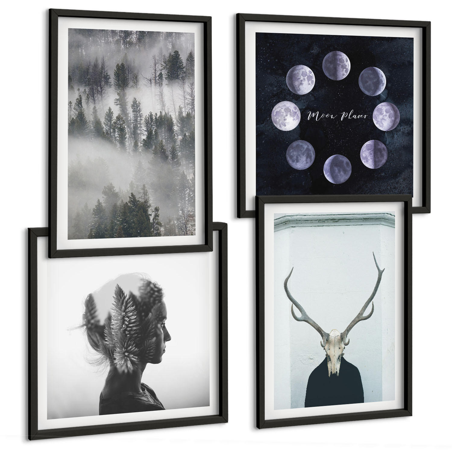 BILDER SET 4er Set - 50x50 cm & 40x60 cm Schwarzer Rahmen - Waldnebel, Mond, Schädel, Frau - Schwarz, Kunststoff (50/50cm) - TULUP
