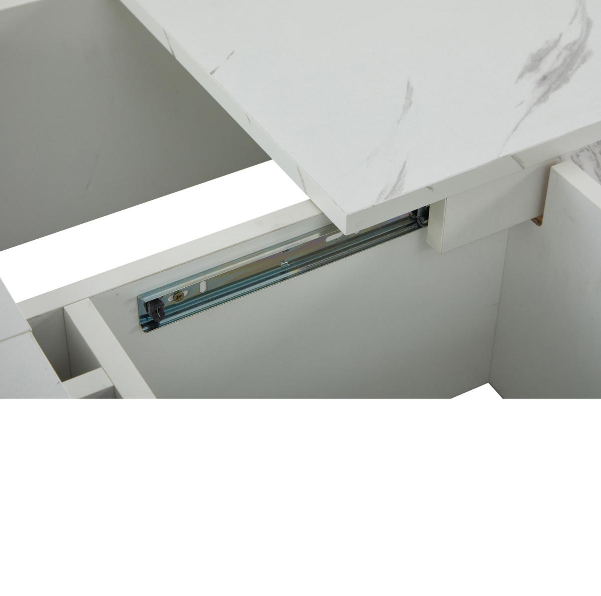 COUCHTISCH 90/90/25 cm mit 4 Schubladen, verschiebbarer Tischplatte und Marmor-Optik aus Spanplatte, Weiß - Weiß, Holzwerkstoff (90/90/25cm) - Redom