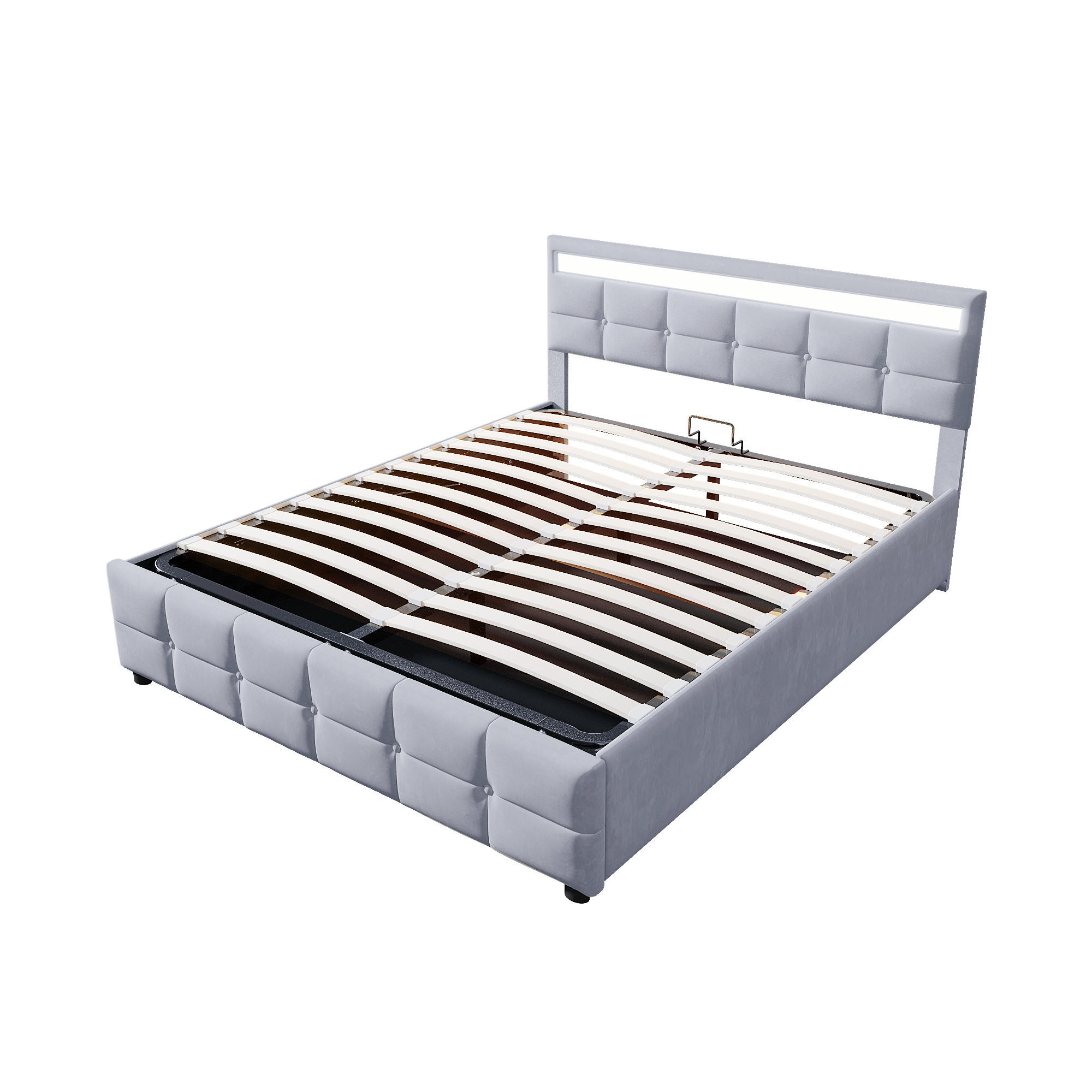 STAURRAUMBETT 180/200 cm DE-01646, in Grau, mit LED-Leuchten und hydraulischem Bettkasten - Grau, Holzwerkstoff/Metall (180/200cm) - ComfortXL