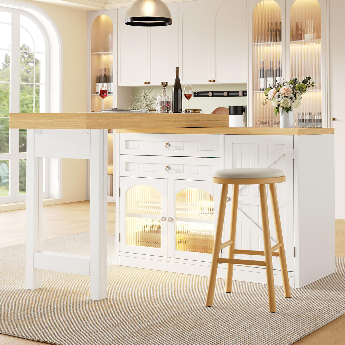 KÜCHENINSEL Ausziehbar 120 194cm 360° Drehbar Glastüren Weiß Schwarz - Weiß, Metall (120/73.5/40cm) - FLIEKS