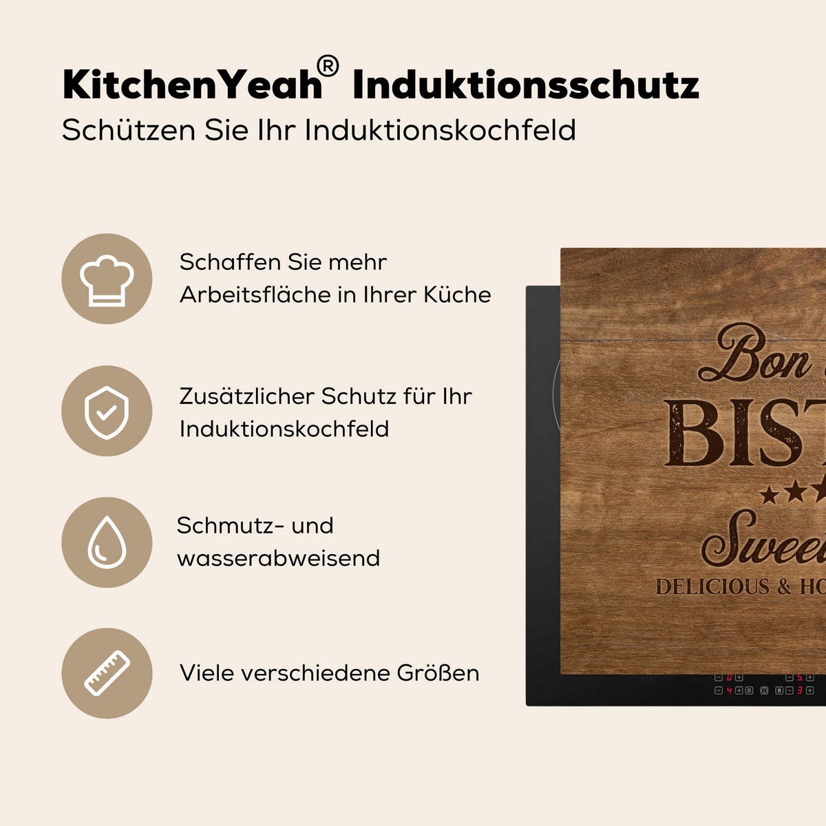 HERDABDECKPLATTE Zitat - Bistro - Guten Appetit - Süßes Zuhause - Holzmaserung Herdabdeckung Induktionsfeld 65x52 cm - Braun, Kunststoff (65/52/0.2cm) - MuchoWow