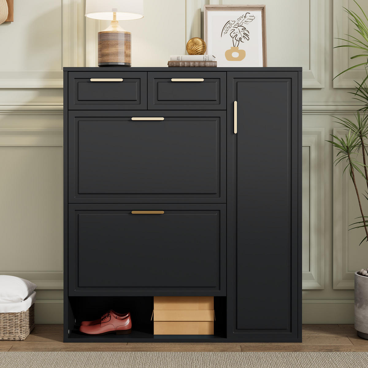 SCHUHSCHRANK in Schwarz Schuhkommode mit verstellbaren Regalen goldenen Griffen Schubladen Klapptüren , B95/T24/H107cm - Schwarz, Holzwerkstoff (95/107/24cm) - STILVORA