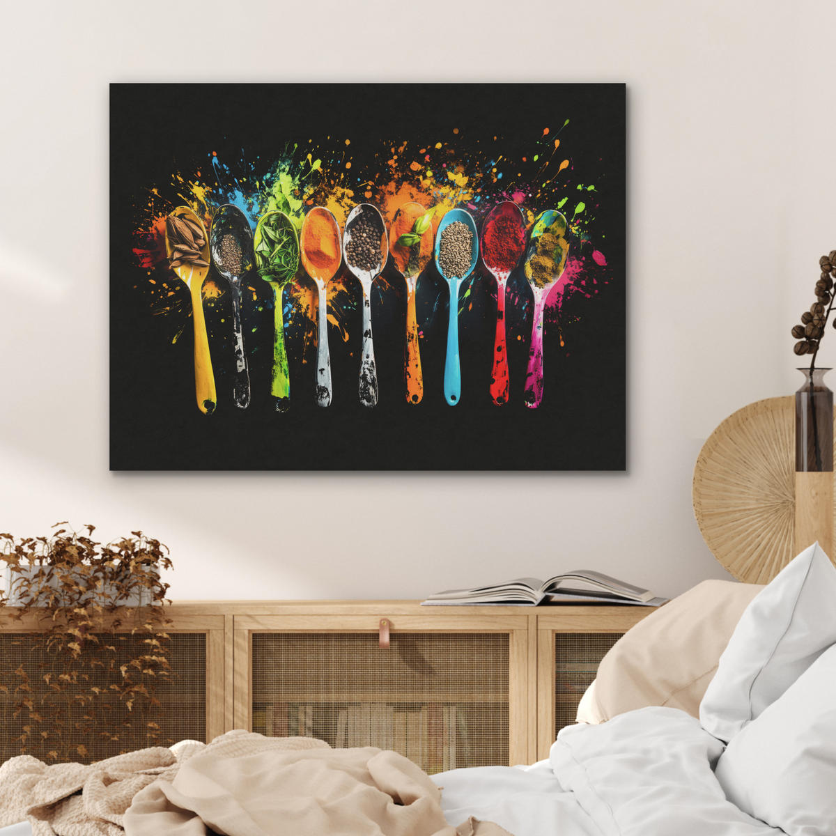 AKUSTIKBILD Löffel - Gewürze - Modern - Graffiti - Farbe - Farbenfroh Gemälde 80x60 cm - Multicolor, Textil (80/60/0.9cm) - MuchoWow