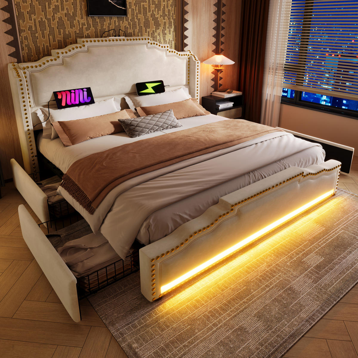 POLSTERBETT 140/200 cm Beige aus Samt mit Matratze, LED und 4 Schubladen - Beige, Textil (140/200cm) - OKMYHOME
