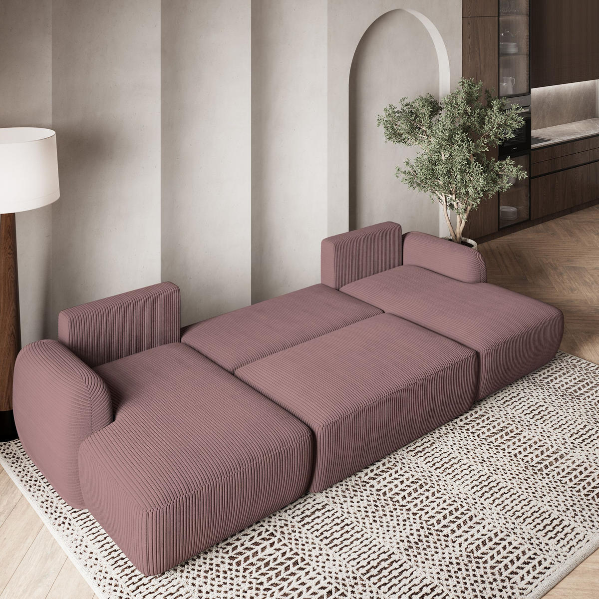 WOHNLANDSCHAFT SAVONA P Lila Kordstoff mit Schlaffunktion - Lila, Holz (320/90/148cm) - MASSENO