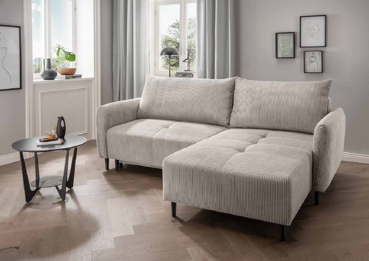 ECKSOFA mit Schlaffunktion und Bettkasten, Cord, beidseitig montierbar - Beige/Schwarz, Holz/Textil (238/174cm) - myHomelando
