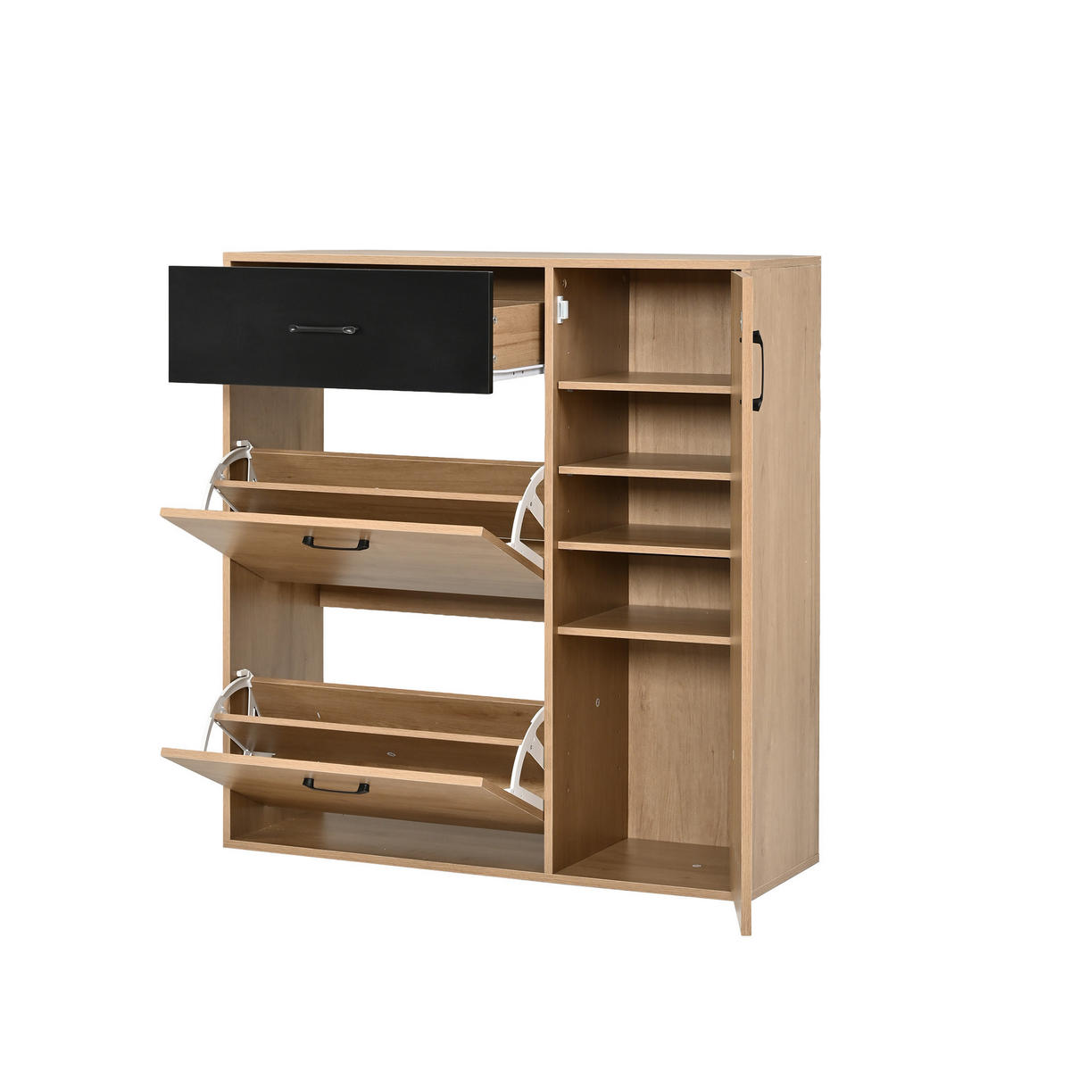 SCHUHSCHRANK 100×35×106cm Naturholz Schwarz mit 2 Klappen - Schwarz/Naturfarben, Holzwerkstoff (100/106/35cm) - FLIEKS