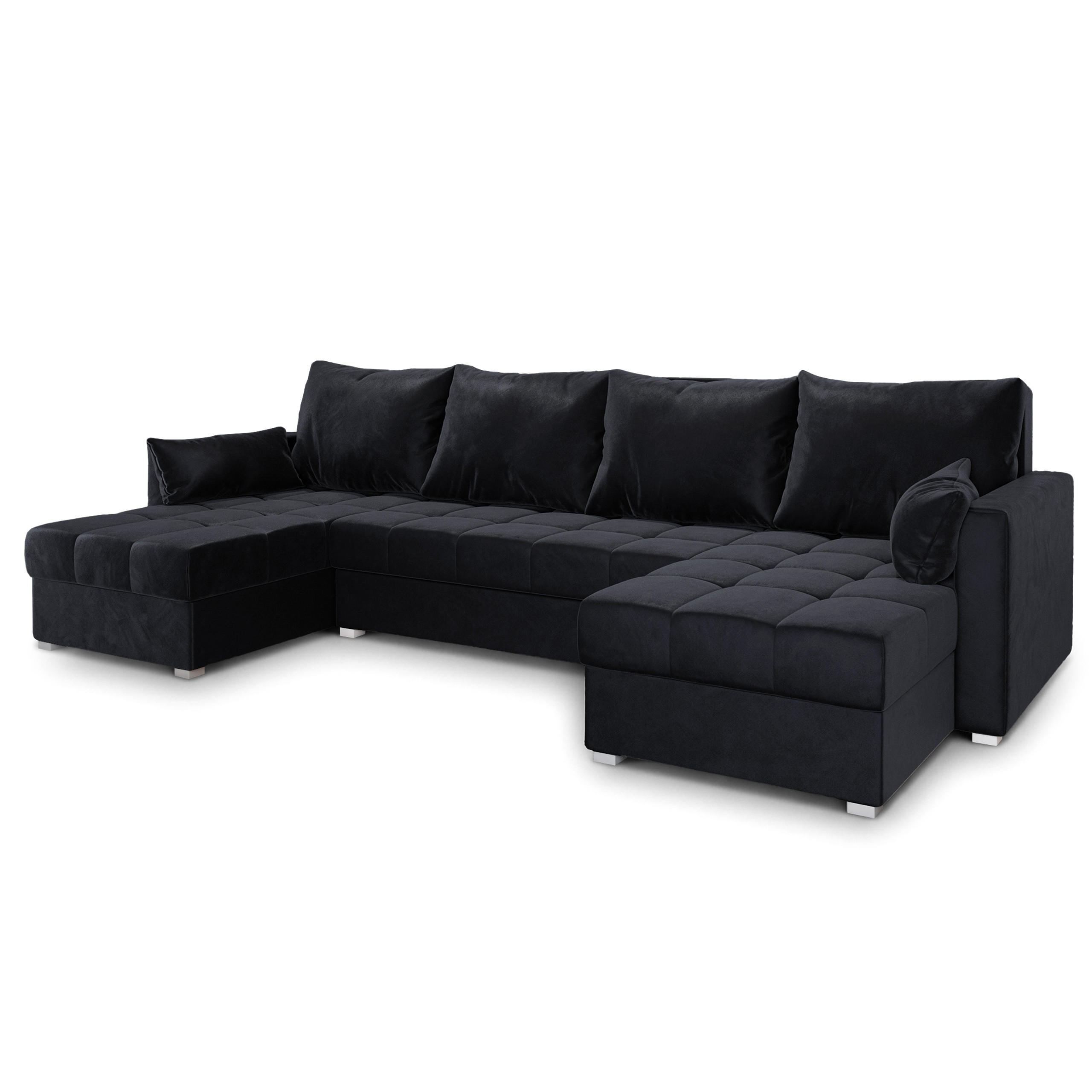 WOHNLANDSCHAFT NAKO Schwarz Plüsch-Stoff mit Schlaffunktion - Schwarz/Grau, Holz/Kunststoff (285/85/140cm) - MASSENO