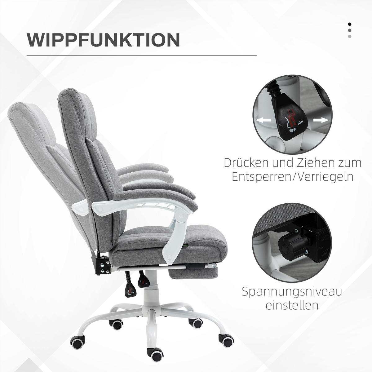 BÜROSTUHL, Ergonomischer Schreibtischstuhl mit Liegefunktion, Fußstütze Grau - Grau, Kunststoff (74/119/65cm) - Vinsetto