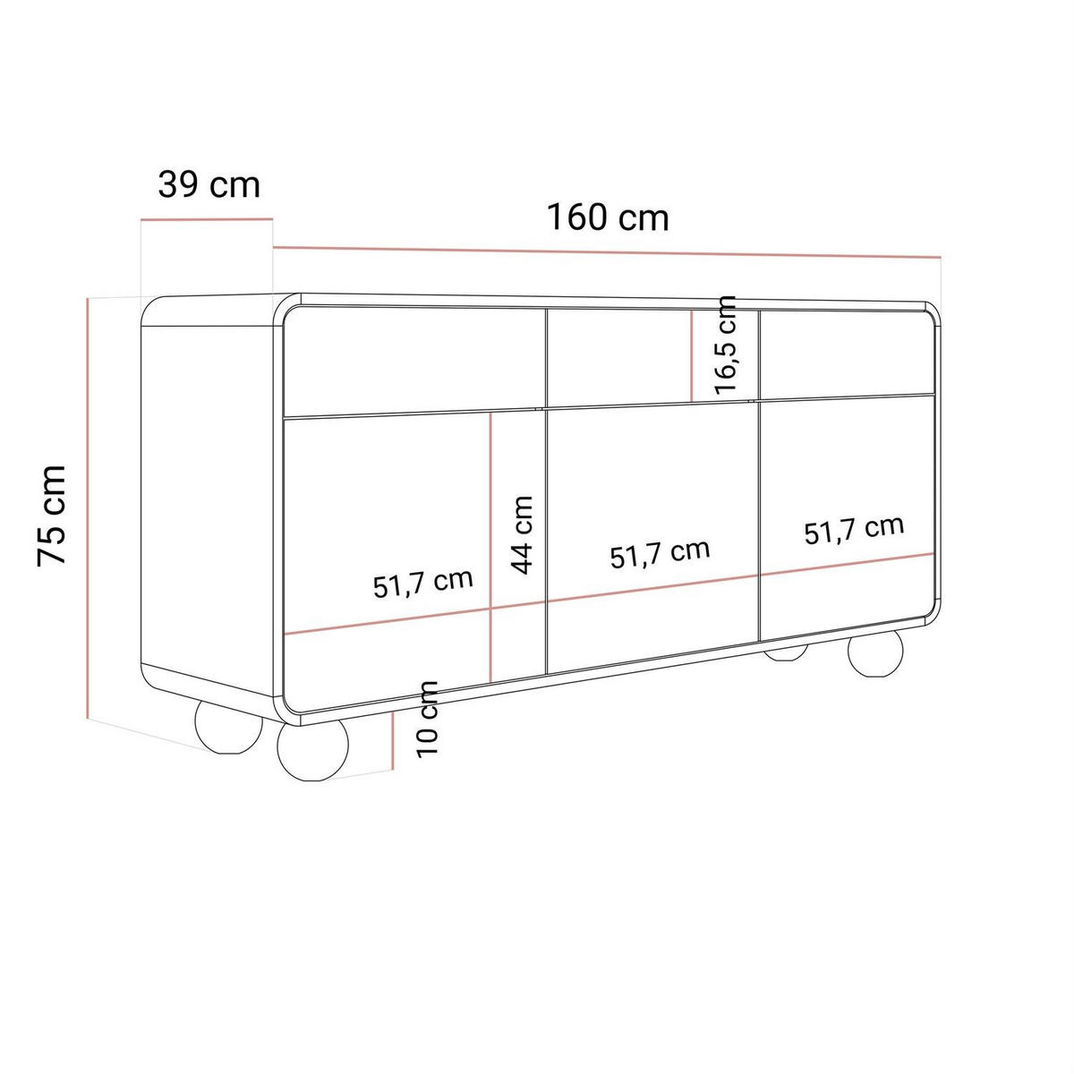 KOMMODE OLIVIO KSZ160 dreiteilig mit Schubladen - Kaschmir, Holzwerkstoff (160/75/39cm) - Lookway