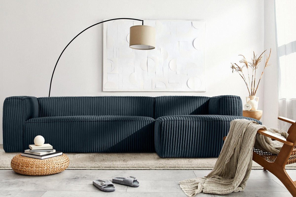 ECKSOFA-RECHTS FEROX Modern, Cord-Stoff, marineblau - Blau/Grün, Textil (305/175cm) - KONSIMO®