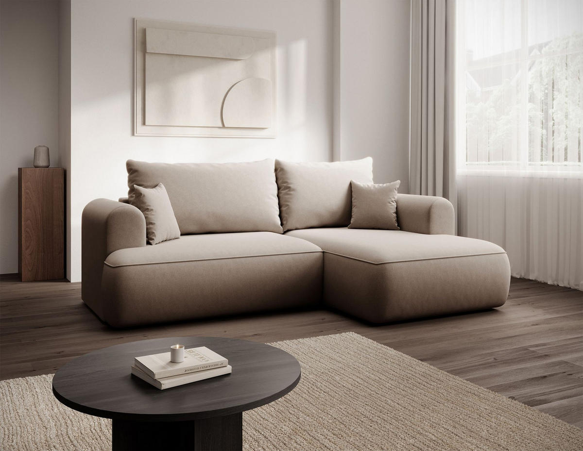 ECKSCHLAFSOFA Ovo Mini Beige Easy-Clean-Samtbezug - Beige/Schwarz, Kunststoff/Textil (156/238cm) - Selsey