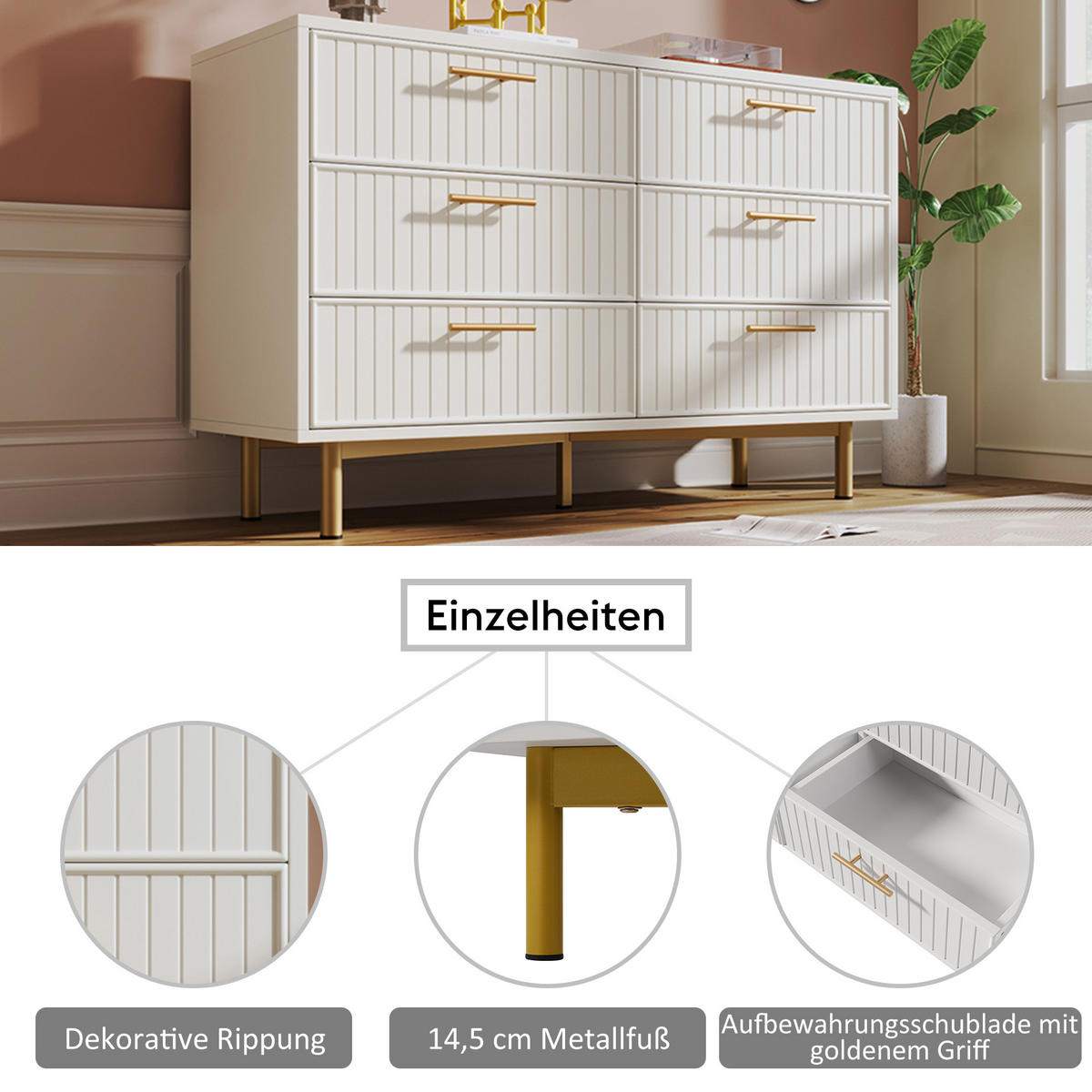 SIDEBOARD holzwerkstoff weiß mit geriffelter front & 6 schubladen - Weiß, Holzwerkstoff (120/40/75cm) - Urban Meuble