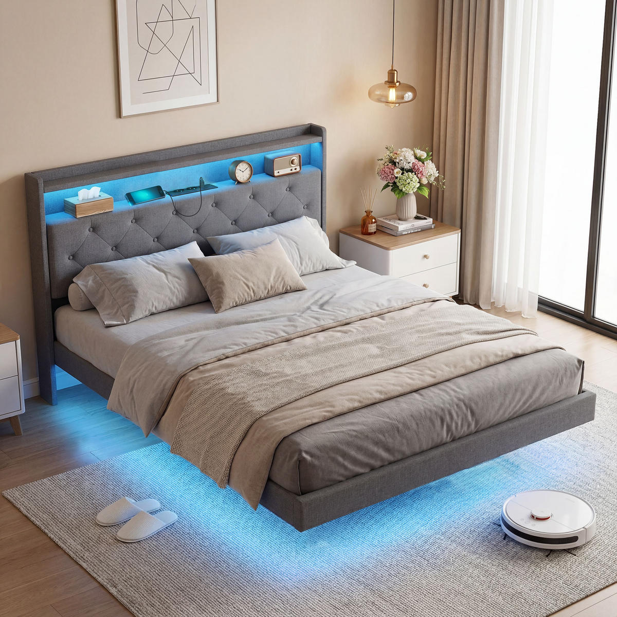 BETT 140x190 cm DE-14674 fliegend mit LED & Ladestation Grau - Grau, Metall (140/190cm) - ComfortXL