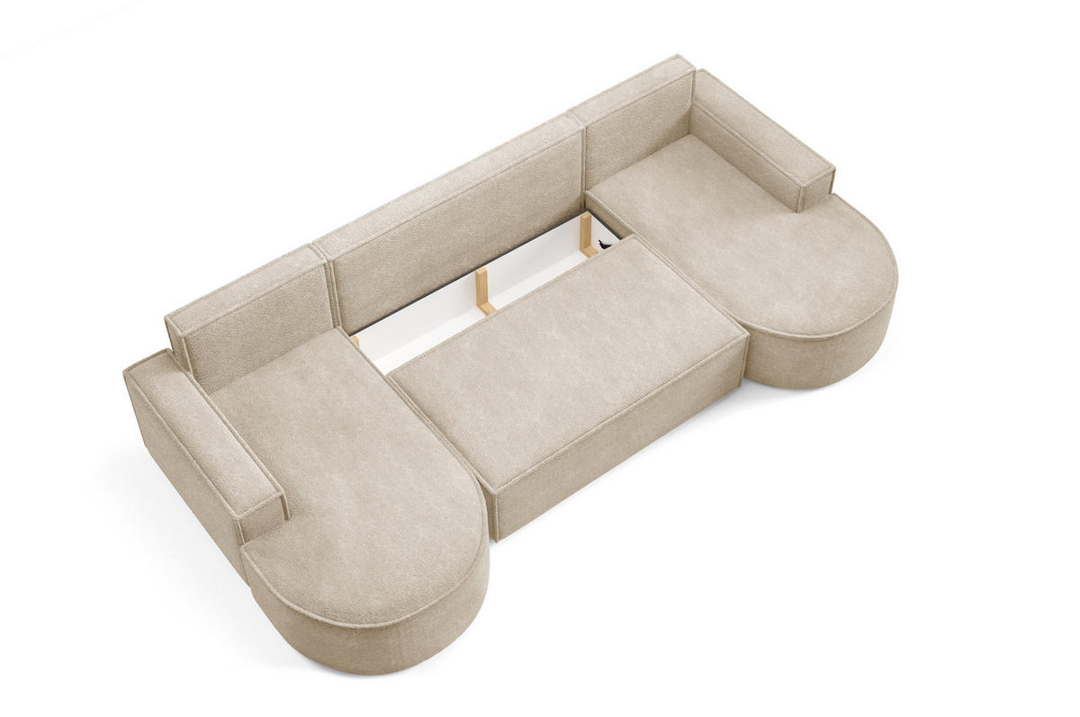 ECKSOFA MOLLY U Freistehendes, mit Schlaffunktion, 140x273cm, Bettkasten und Abnehmbaren Kissen – 316x157x88cm, Abriamo Stoff, Beige - Sandfarben, Holz/Textil (316/157cm) - DomoHome