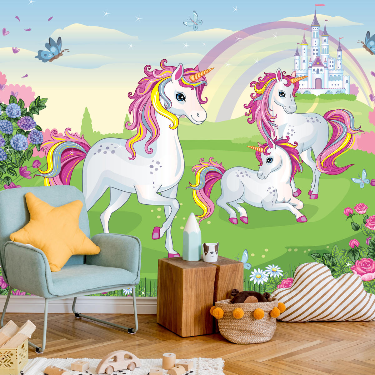 FOTOTAPETE für Kinderzimmer Einhorn Schloss Blumen Märchen 100x70 - Gelb/Violett, Papier (100/70cm) - Muralo