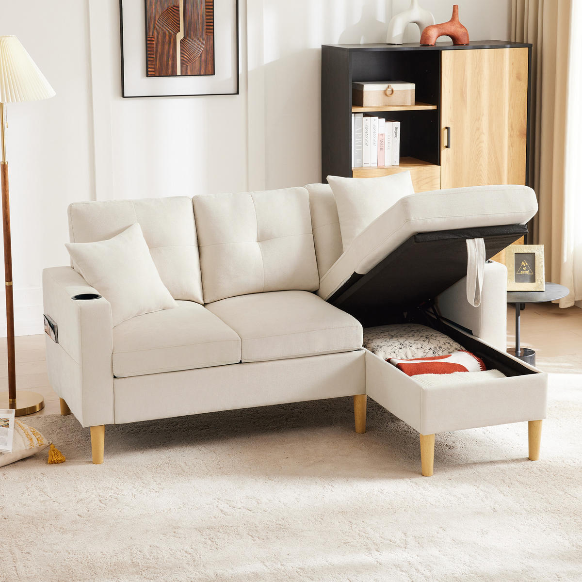 ECKSOFA Leinen Beige mit Stauraum, Getränkehalter und mit Kissen - Beige, Holzwerkstoff/Textil (175/129cm) - WISHDOR