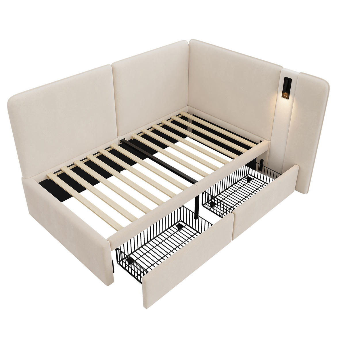 TAGESBETT 90/200 cm mit 2 Schubladen, USB- und Typ-C-Anschluss sowie Leselampe, Samtbezug, Beige - Beige, Textil (90/200cm) - Redom