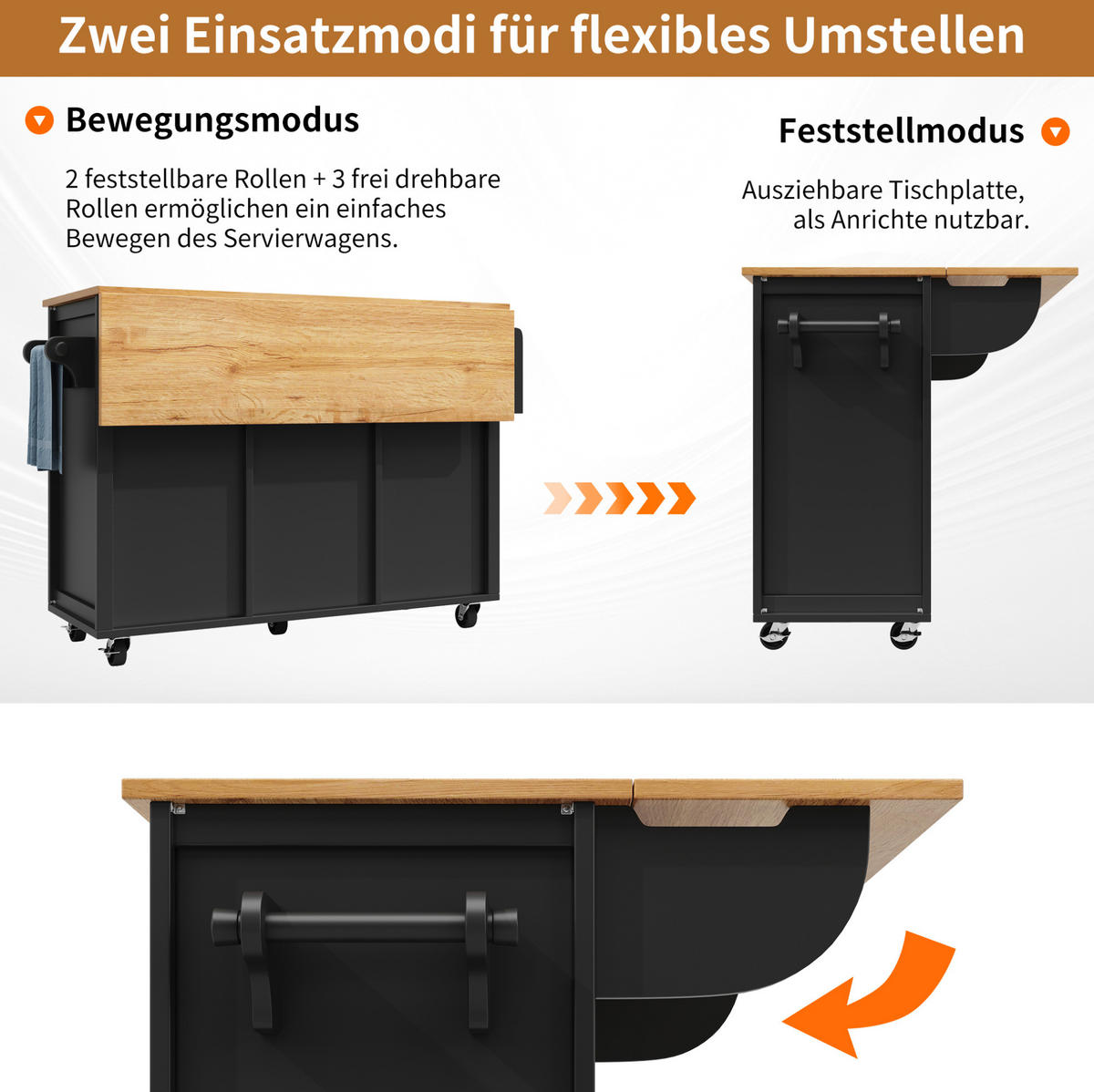 KÜCHENINSEL 137.9x73x92cm Schwarz mit 2 Schubladen & 5 Rollen - Schwarz, Holzwerkstoff (137.9/92/73cm) - Modfu
