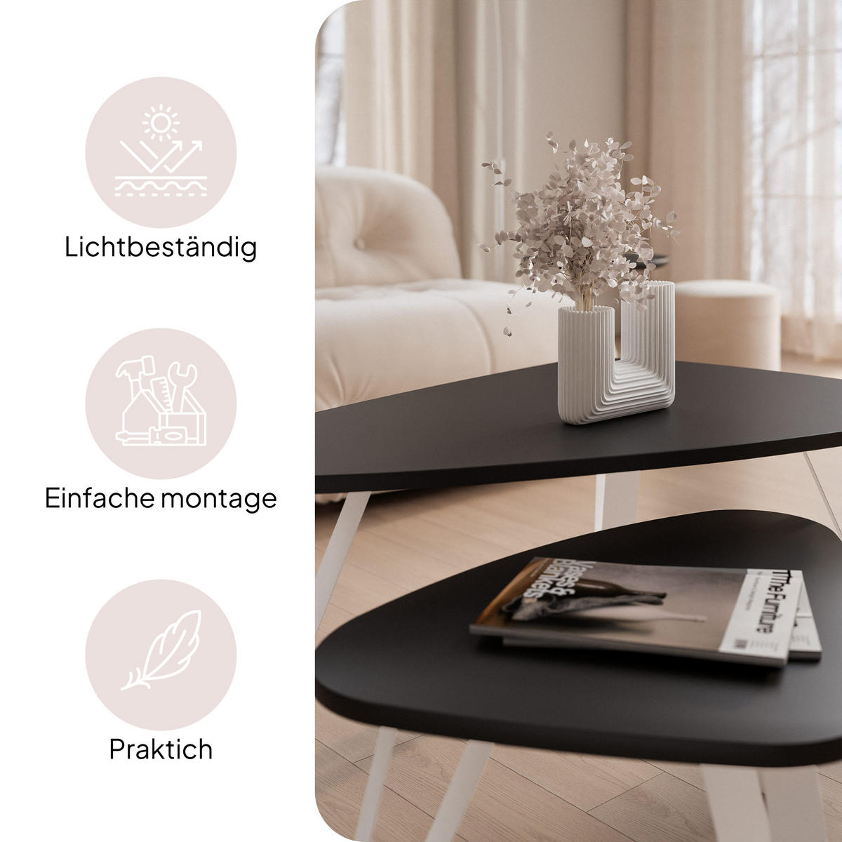 SATZTISCH NOA Stahlgestell, Freiform, Weiß / Schwarz Molet - Schwarz/Weiß, Holzwerkstoff (94/60/42cm) - Idohome