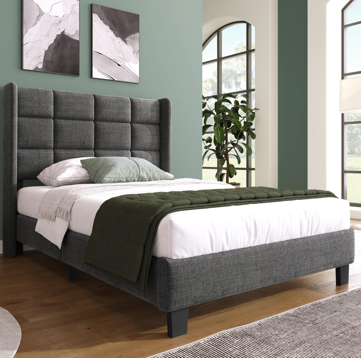 TAPECIRANI krevet 90/200 cm sivi od lana s uzglavljem i letvičastom podnicom - siva, tekstil (90/200cm) - OKWISH