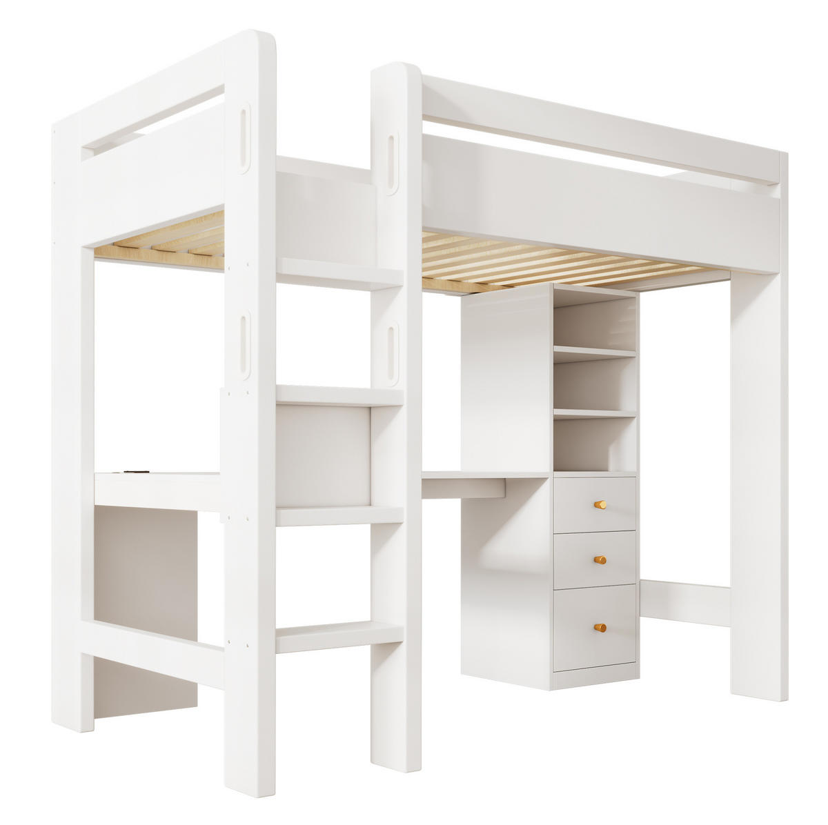 HOCHBETT 90/200 cm mit L-Schreibtisch, Regalen, Schubladen und USB/Type-C-Ladebereich, Weiß - Weiß, Holzwerkstoff (90/200cm) - Redom