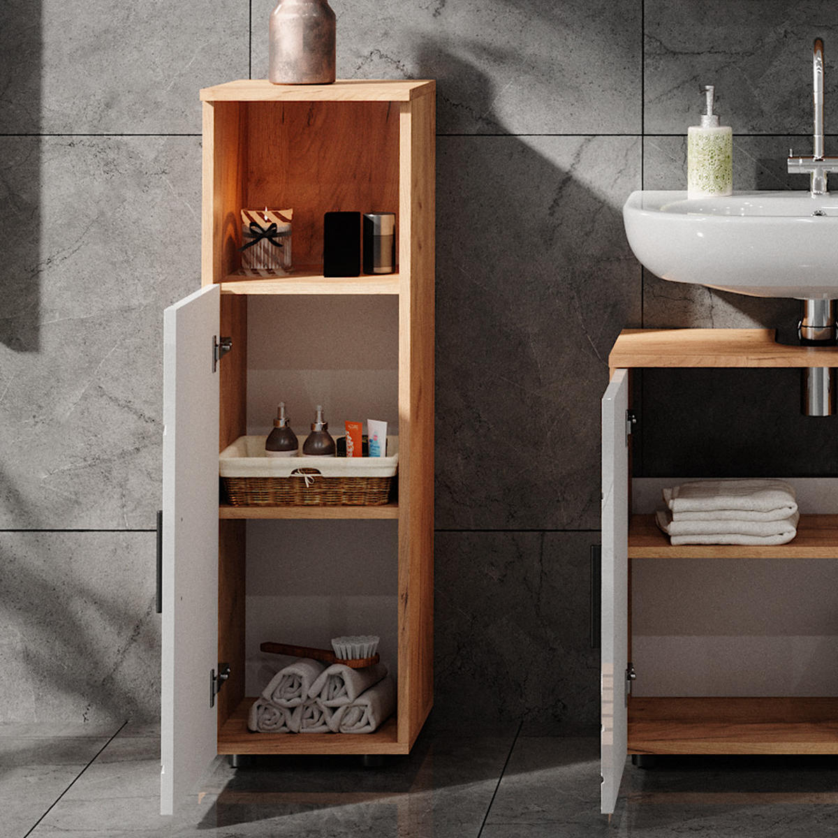 MIDISCHRANK Irma Eiche 30 x 95 cm - Weiß Hochglanz, Holzwerkstoff (30/95/30cm) - Vicco