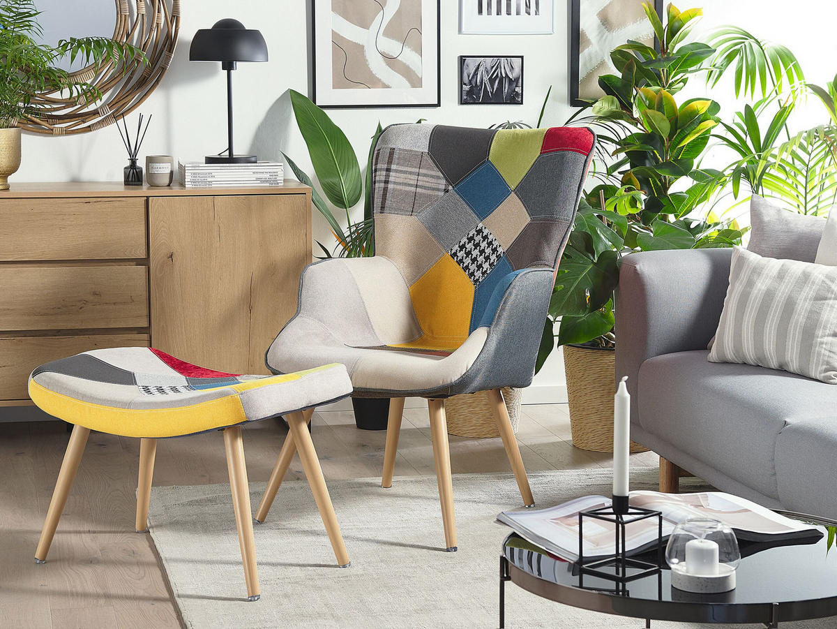SESSEL Patchwork mehrfarbig mit Hocker Vejle - Blau/Beige, Textil (62/93/78cm) - Beliani