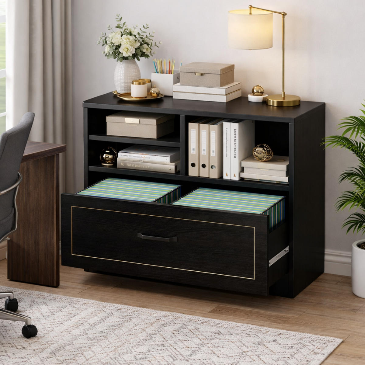 STAURAUMSCHRANK mit Schublade & Offenen Fächern INDUSTRIAL 83.8 x 40.0 x 72.5 cm - Schwarz, Holzwerkstoff/Metall (83.8/72.5/40cm) - Quality Elegance