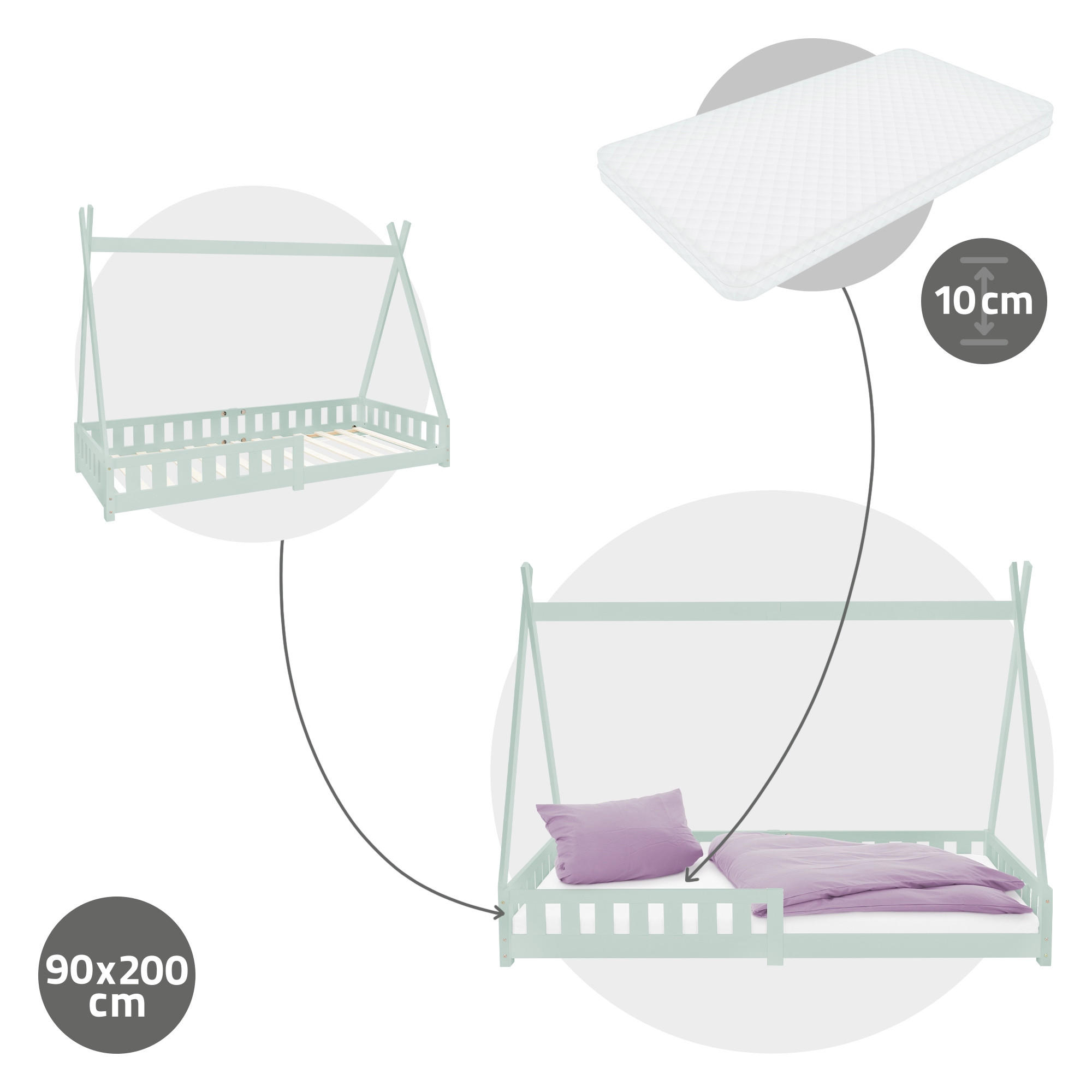 KINDERBETT Tipi mit Matratze 90x200 cm Mint - Mintgrün, Holz (90/200cm) - ML-DESIGN