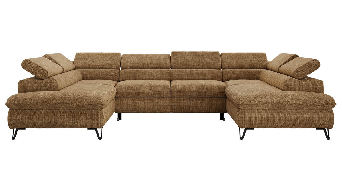 WOHNLANDSCHAFT PABLO U Schenille grob gewebt Hellbraun - Hellbraun/Schwarz, Textil/Metall (346/76/208cm) - MKS