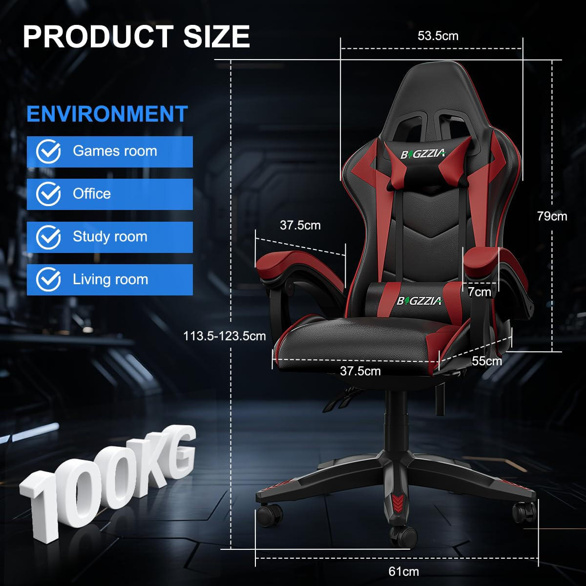 GAMINGSTUHL Schwarz-Rot mit Bluetooth Lautsprechern ergonomisch höhenverstellbar - Rot, Metall (66/124/58cm) - Rattrix