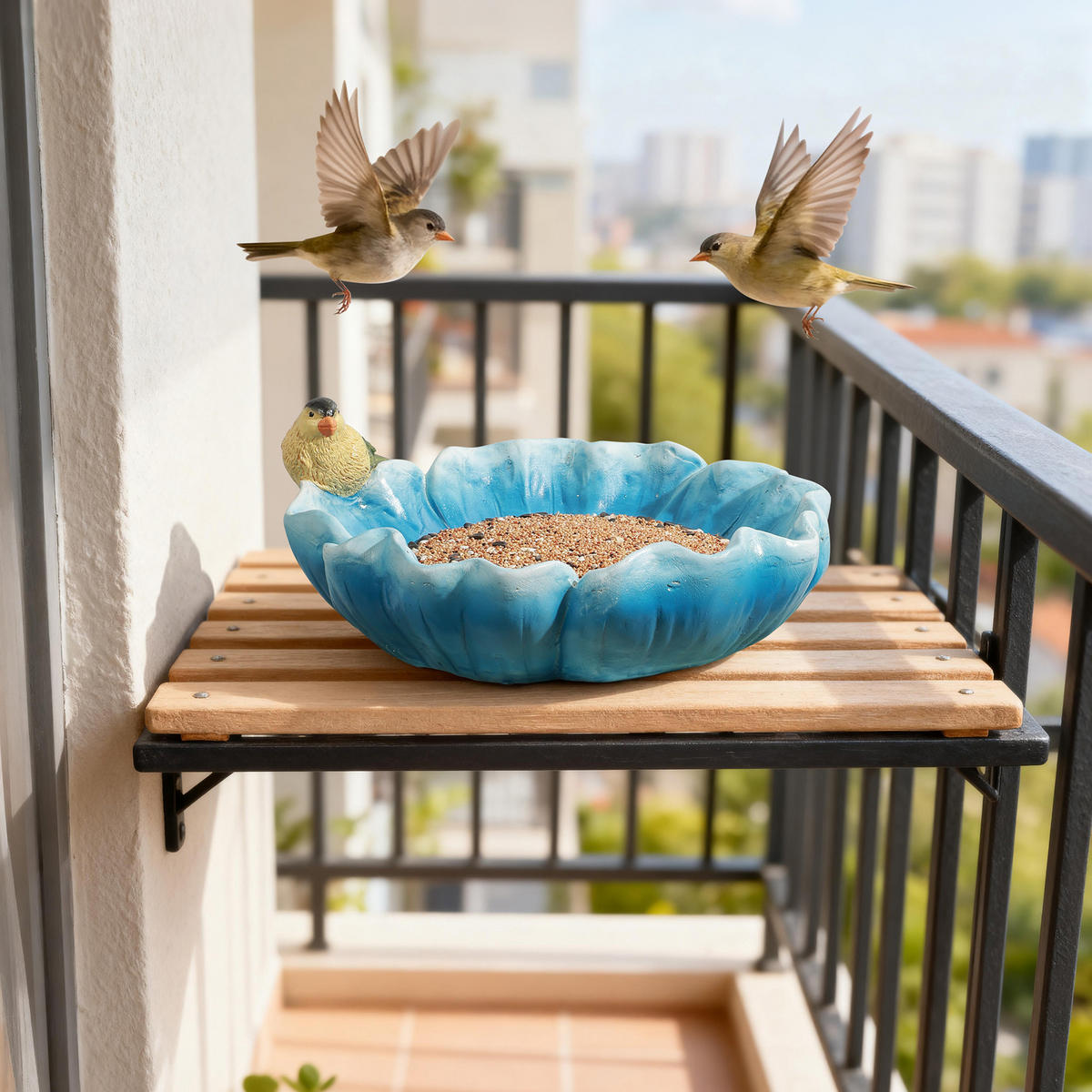VOGELFUTTERSPENDER in Form einer blauen Lotusblüte mit Deko-Vogel 40x37cm Dekoration für Balkon und Hof - Multicolor, Naturmaterialien (39.5/16/37cm) - Hometopia