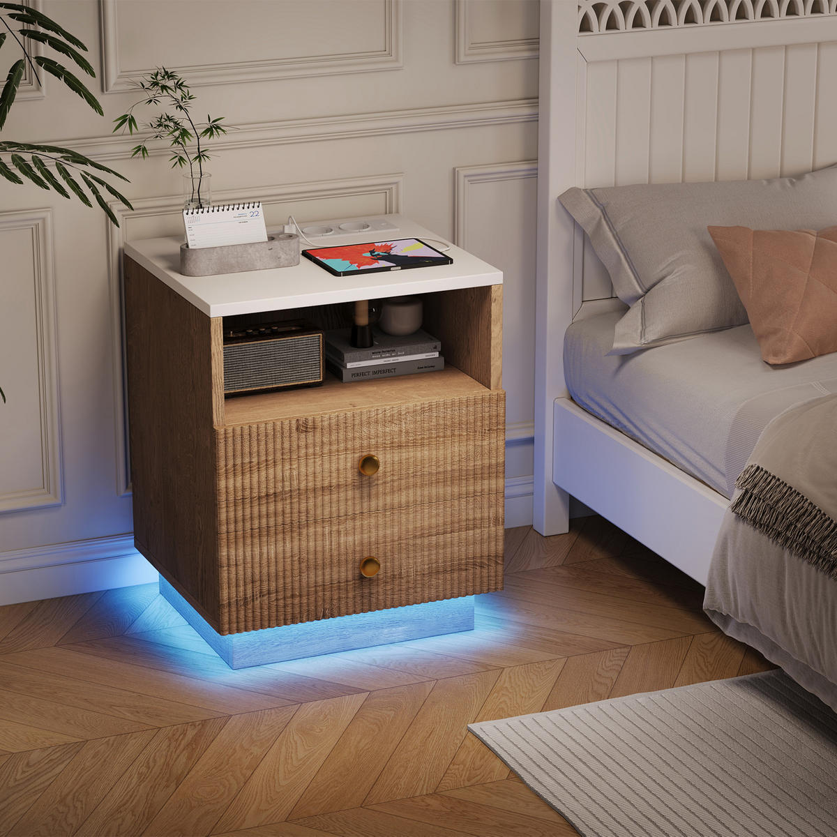 NACHTTISCH 2er Set mit LED,Ladestation &2 Schubladen - Naturfarben, Holz (44/55/38cm) - PARAFTA HOME