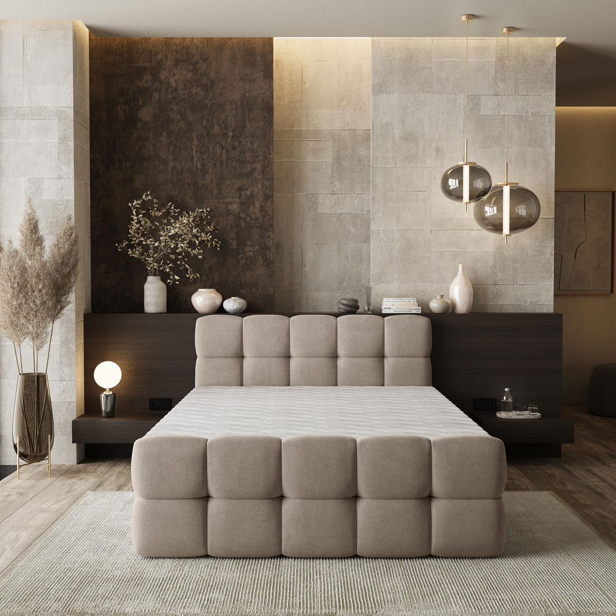 BOXBETT BRUME 140x200 cm mit Matratze und Topper, H2+H3 - Beige - Beige, Holz (140/200cm) - MASSENO