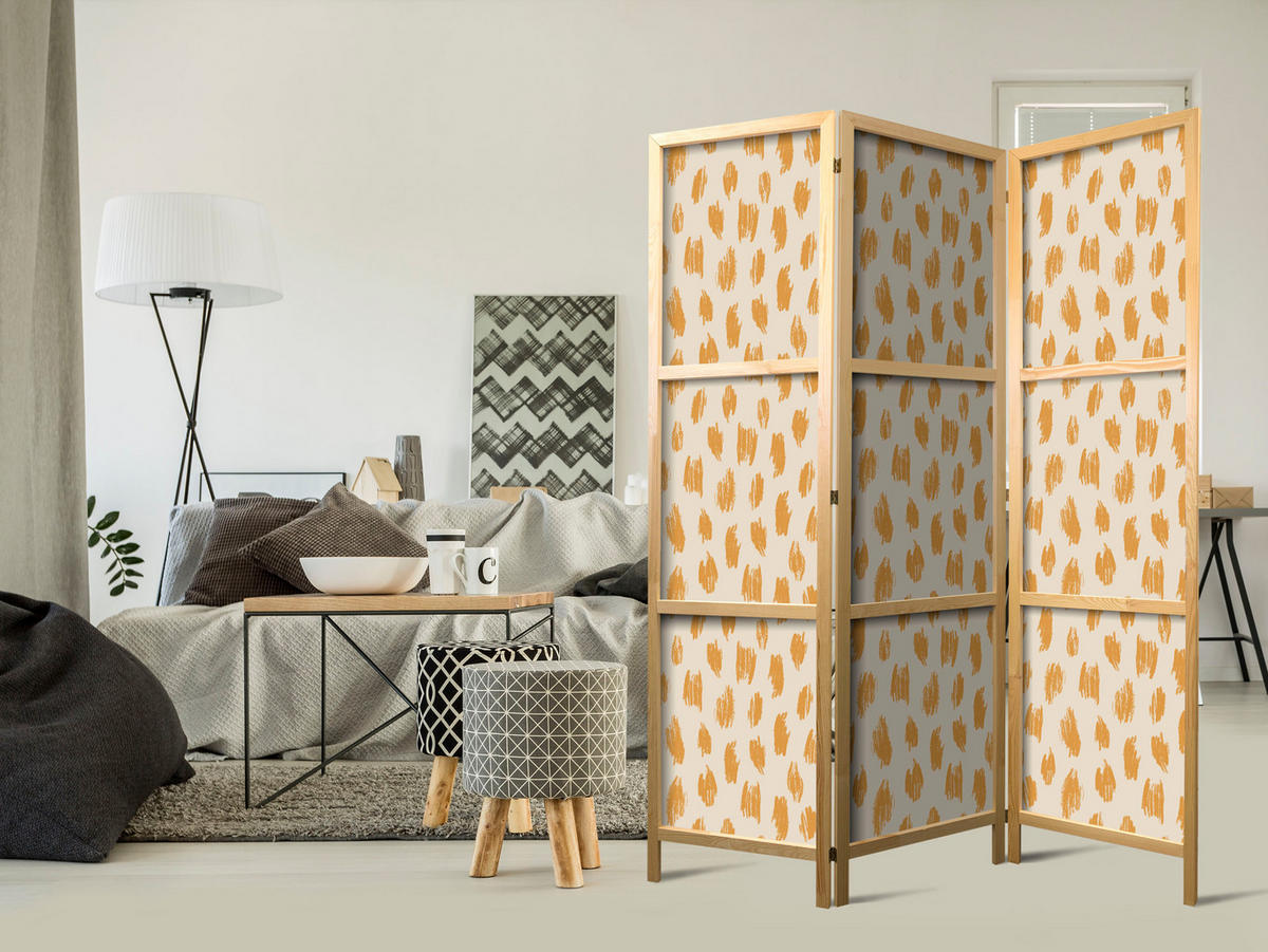PARAVÁN Japonský 3-dielny 135x172 cm Béžová Abstrakcia - oranžová, drevo/textil (135/172/3cm) - Muralo