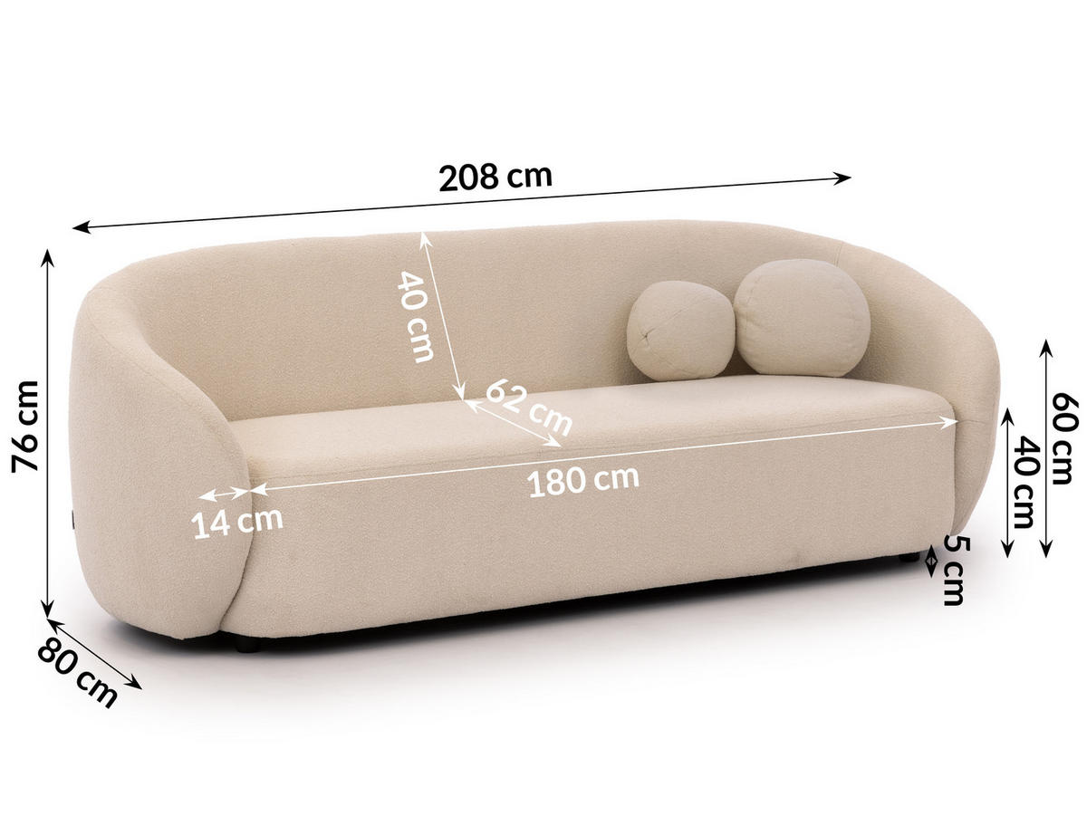 SITZGARNITUR 3+2+1 Roundi Cremeweiß Bouclé - Creme/Schwarz, Holz/Kunststoff (208/76/80cm) - S-Style Möbel
