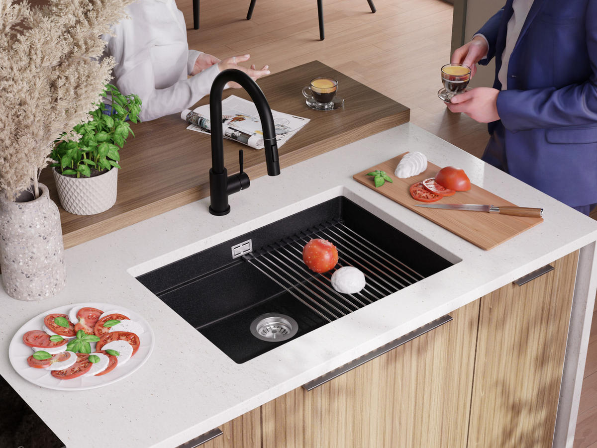 UNTERBAUSPÜLE GRANIT Praga, 2-er set Anthrazit 66/47 cm 1 Becken + Ablauf-Set + Aufrollbare Abtropffläche ab 70er Unterschrank - Chromfarben/Anthrazit, Kunststoff (66/20/47cm) - Primagran