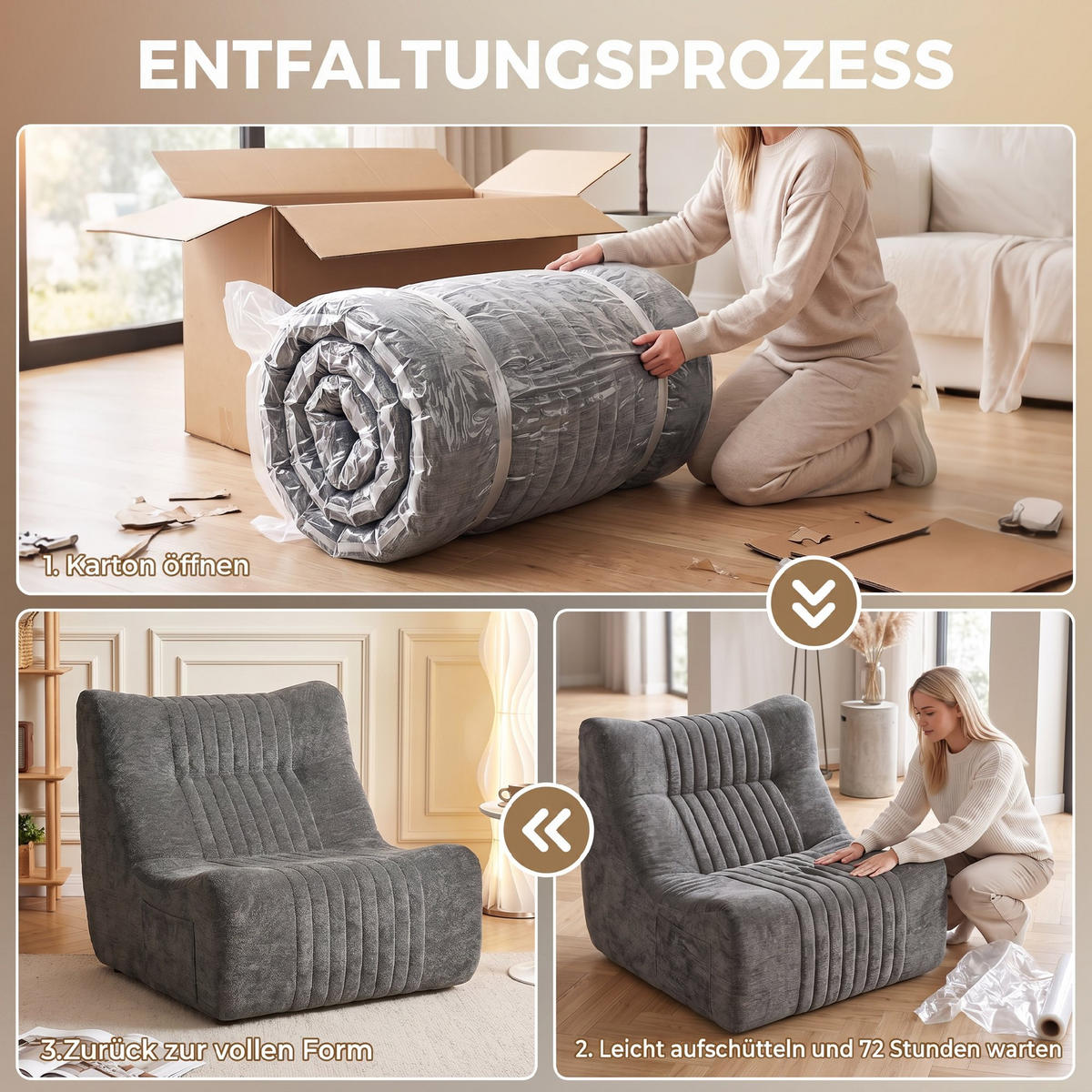 BODENSESSEL Chenille 100 Polyester Schaumstoff Kastaniengrau - Grau, Textil (80/76/90cm) - HOMCOM