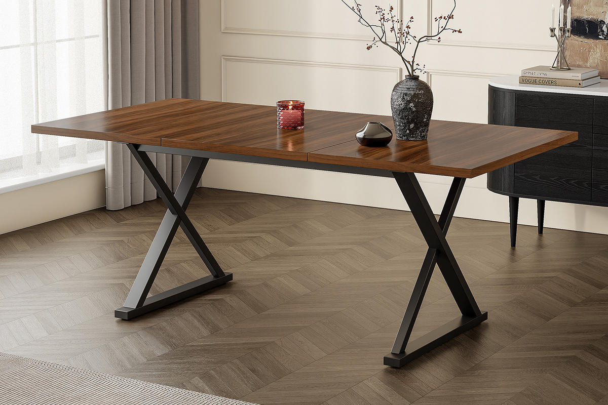 ESSTISCH 180/90/75 cm walnussfarben aus MDF mit X-förmigen Metallbeinen - Walnussfarben, Holzwerkstoff (180/90/75cm) - OKWISH