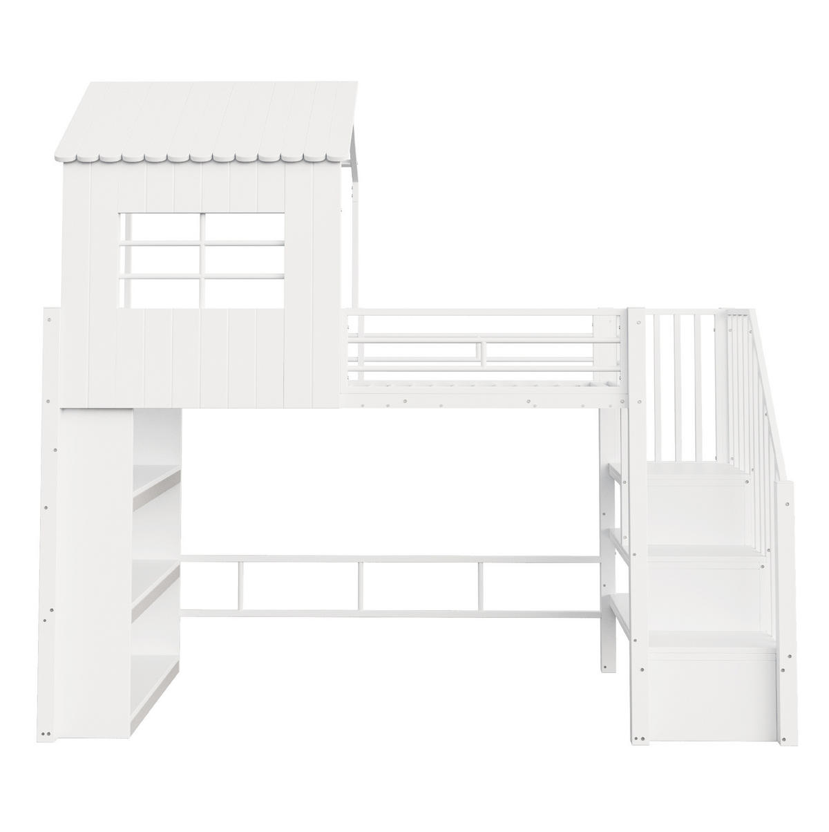 HOCHBETT 90/200 cm aus Metall und MDF mit Stauraumtreppe, Regal und Freiraum unter dem Bett, Weiß - Weiß, Metall (90/200cm) - Redom