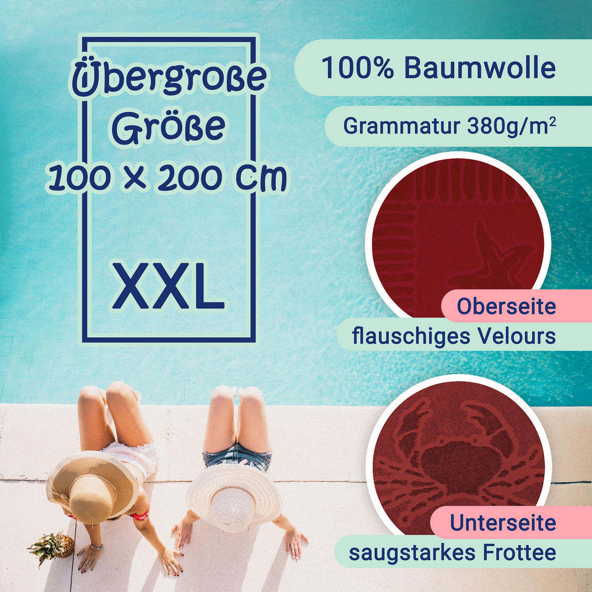 STRANDTUCH, 100x200 cm, 100% Baumwolle, Rot - Bordeaux, Textil (100/200cm) - Zollner