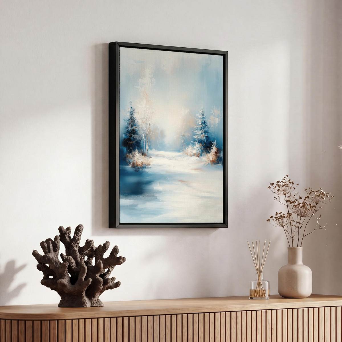 LEINWAND Bilder mit Rahmen - Wald – Winter – Natur – Abstrakt – Schnee - 20x30 - Weiß, Textil (20/30cm) - MuchoWow