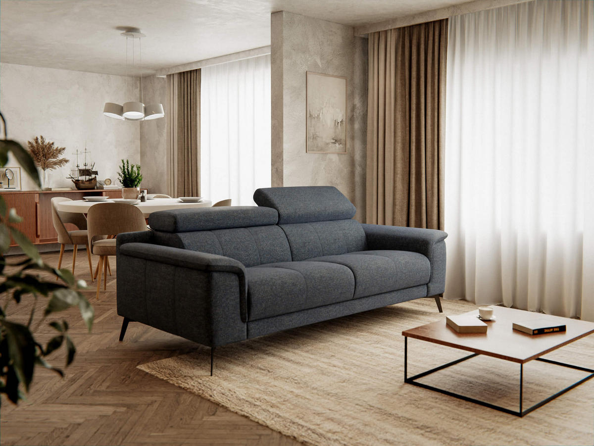 SOFA FIERO 3-Sitzer, dunkelblau - Schwarz/Dunkelblau, Holzwerkstoff/Textil (212/82/103cm) - Courtois Laville